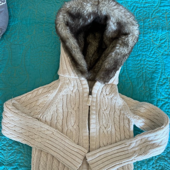 Girls 10/12 Nordstrom Knitted Faux Fur Hood Zip Up